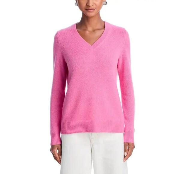 C by Bloomingdale's Women Flamingo Pink Cashmere Knit V-neck Sweater Size XS - Picture 2 of 6